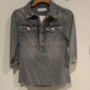 NWT Zara Kids Gray Denim Button-Front Shirt, Girls, 8